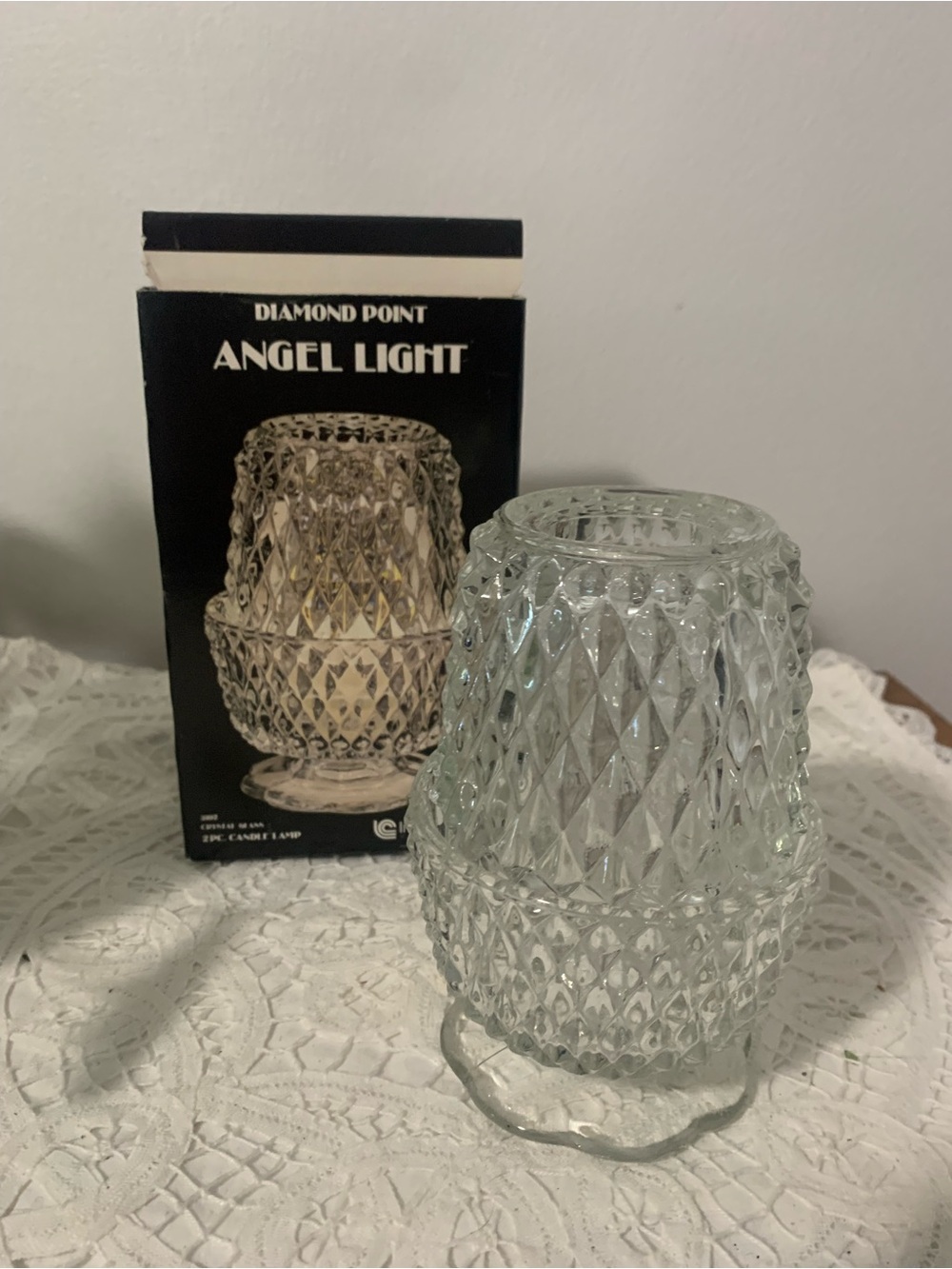 Vintage Indiana Glass Diamond Point Fairy Lamp Clear Base w Original Box